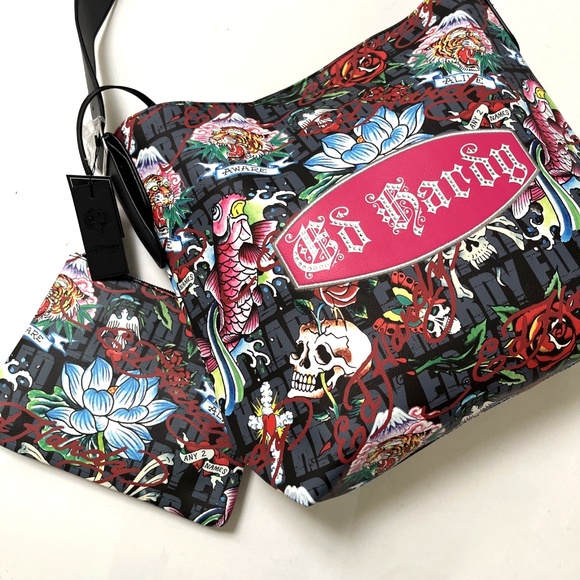 NWT Ed Hardy Tattoo Print Shoulder Bag with Matching Wristlet Black Multicolor - Picture 1 of 8